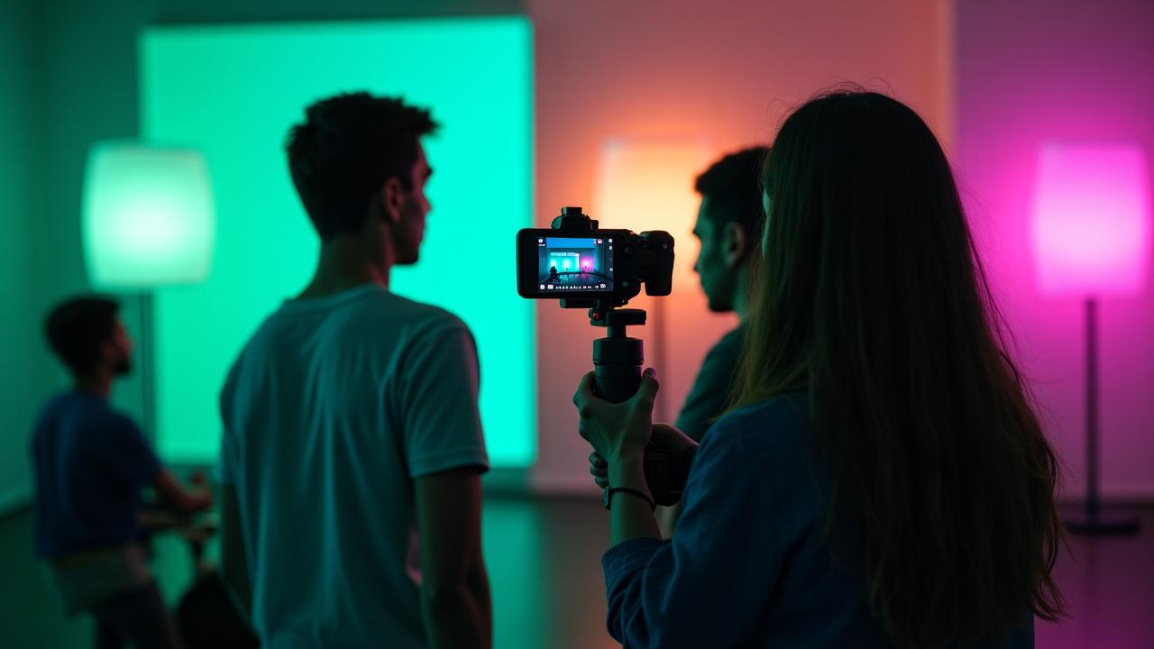 Ragazzi creativi che girano un video virale in uno studio moderno