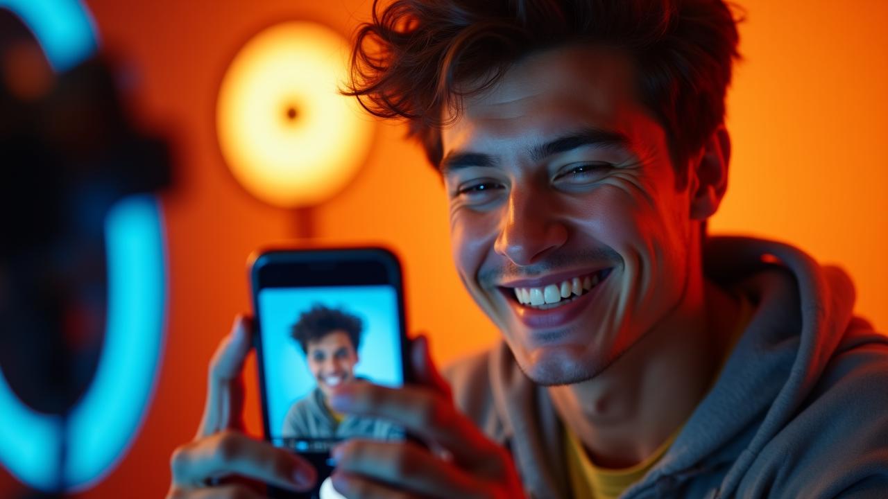 Giovane creator italiano sorridente mentre registra un video con lo smartphone su un ring light